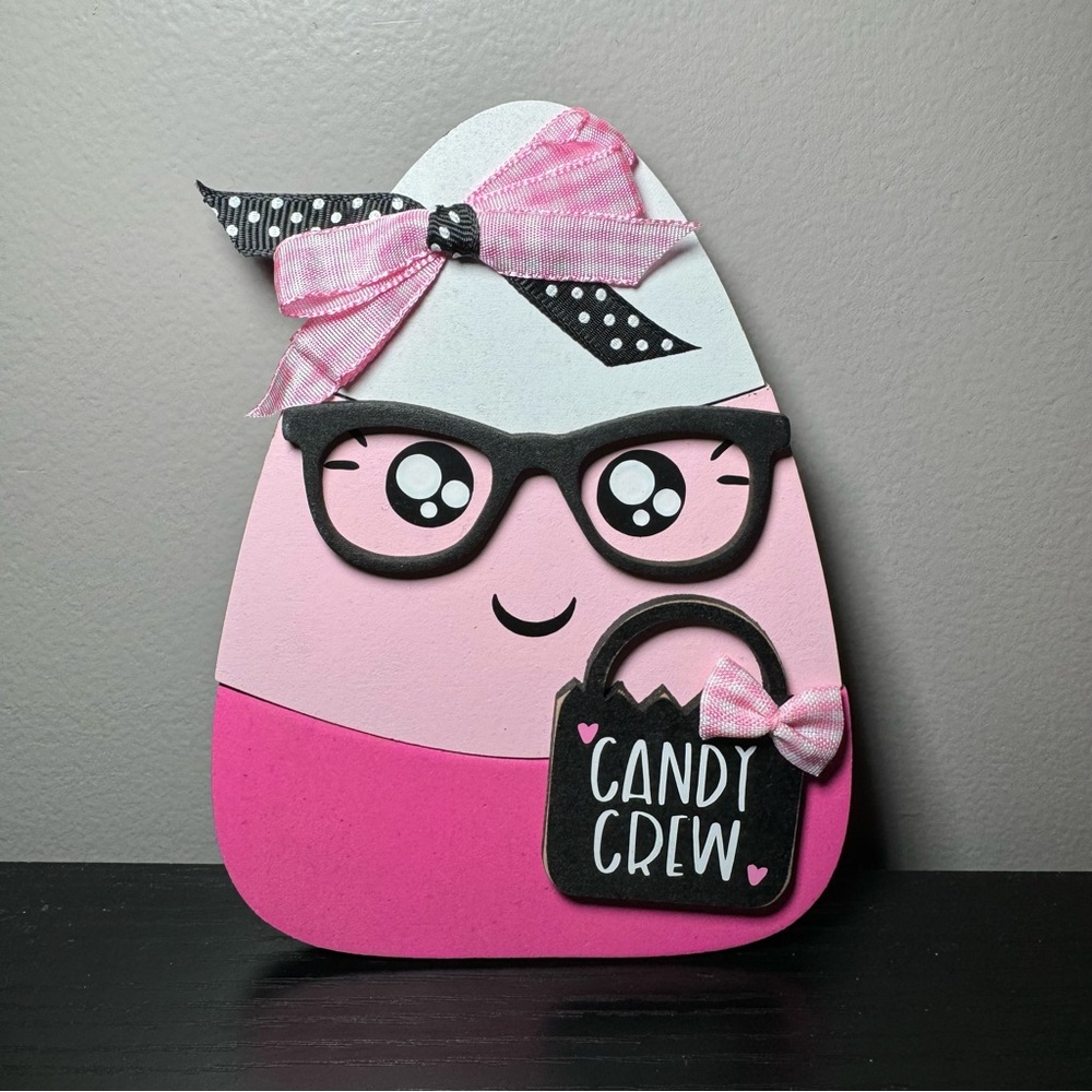 Mini Pink, White, & Black Candy Corn W/ Glasses Candy Crew Halloween Sign Decor